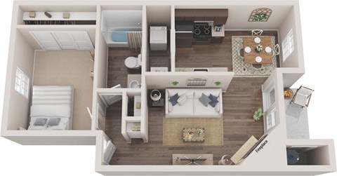 Floor plan for 1 bed, 1 bath, 635 sqft